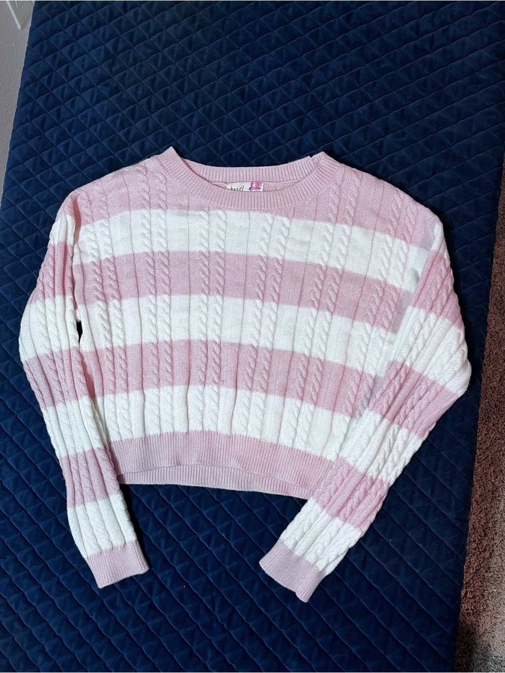 Cropped Cable-Knit Sweater in Pink & White Stripes - Cute Fall/ Winter Casual